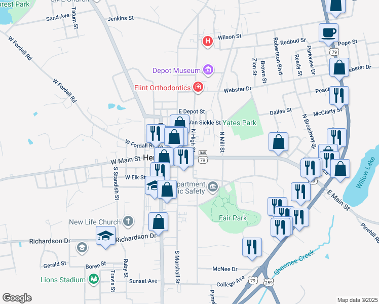 map of restaurants, bars, coffee shops, grocery stores, and more near 109 North High Street in Henderson