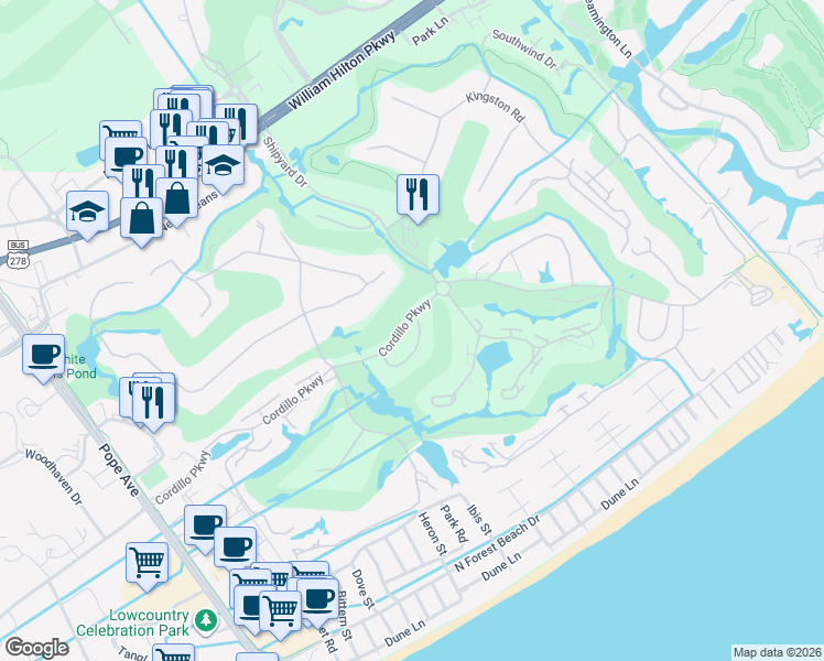 map of restaurants, bars, coffee shops, grocery stores, and more near 31 Cordillo Parkway in Hilton Head Island