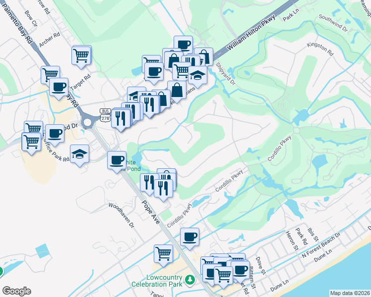 map of restaurants, bars, coffee shops, grocery stores, and more near 111 Golfmaster in Hilton Head Island