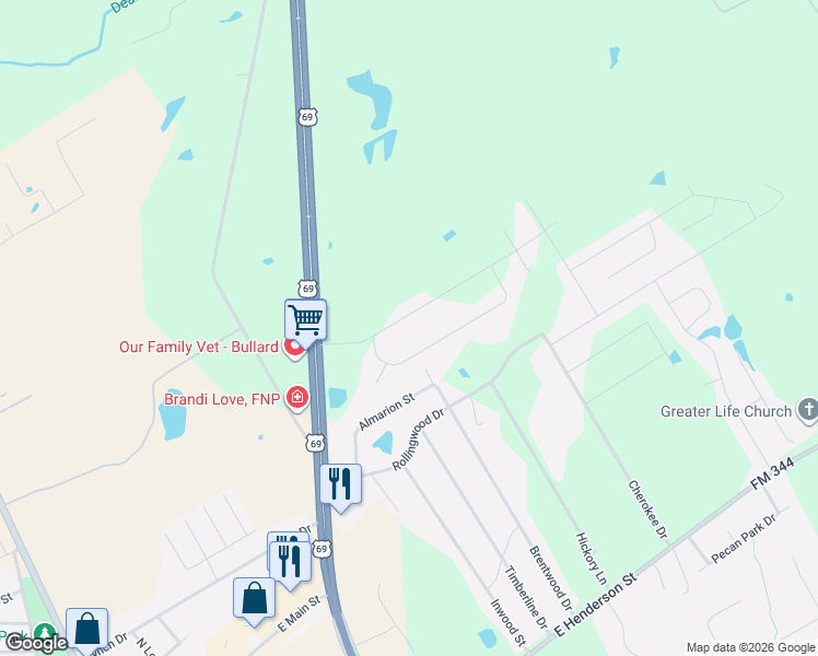 map of restaurants, bars, coffee shops, grocery stores, and more near 216 Sunnys Halo Boulevard in Bullard