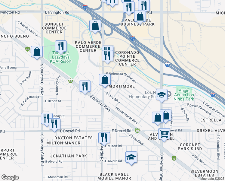 map of restaurants, bars, coffee shops, grocery stores, and more near 5409 South Lansing Stravenue in Tucson