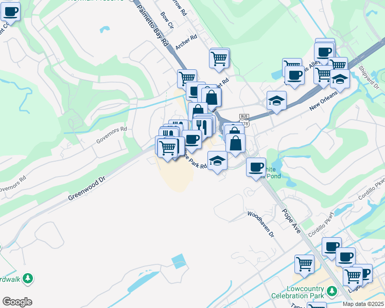 map of restaurants, bars, coffee shops, grocery stores, and more near 35 Office Park Road in Hilton Head Island
