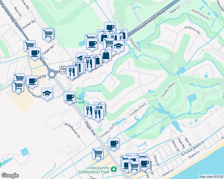 map of restaurants, bars, coffee shops, grocery stores, and more near 111 Golfmaster in Hilton Head Island