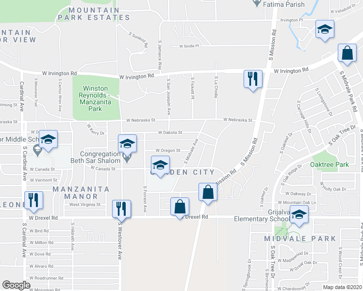 map of restaurants, bars, coffee shops, grocery stores, and more near 2240 West Oregon Street in Tucson