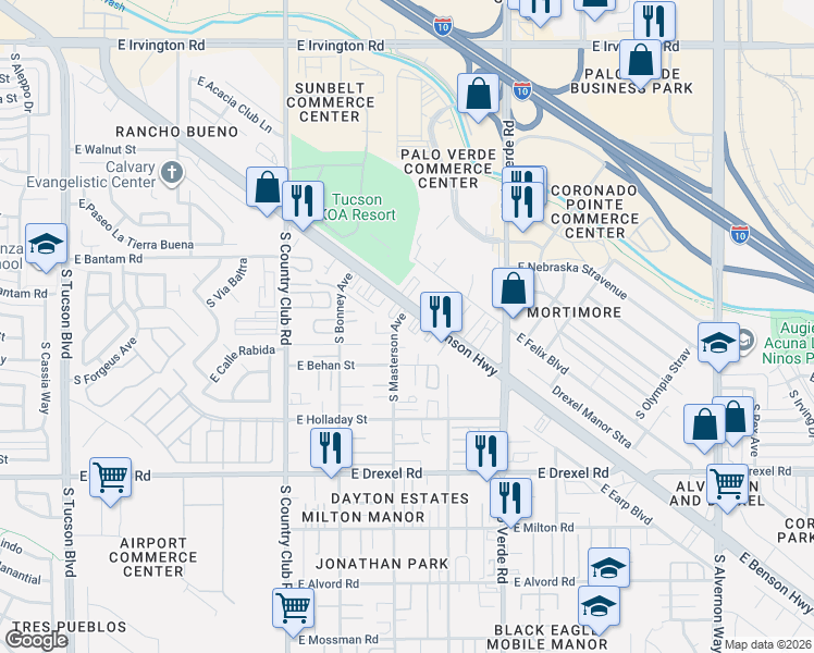 map of restaurants, bars, coffee shops, grocery stores, and more near 3314 East Benson Highway in Tucson