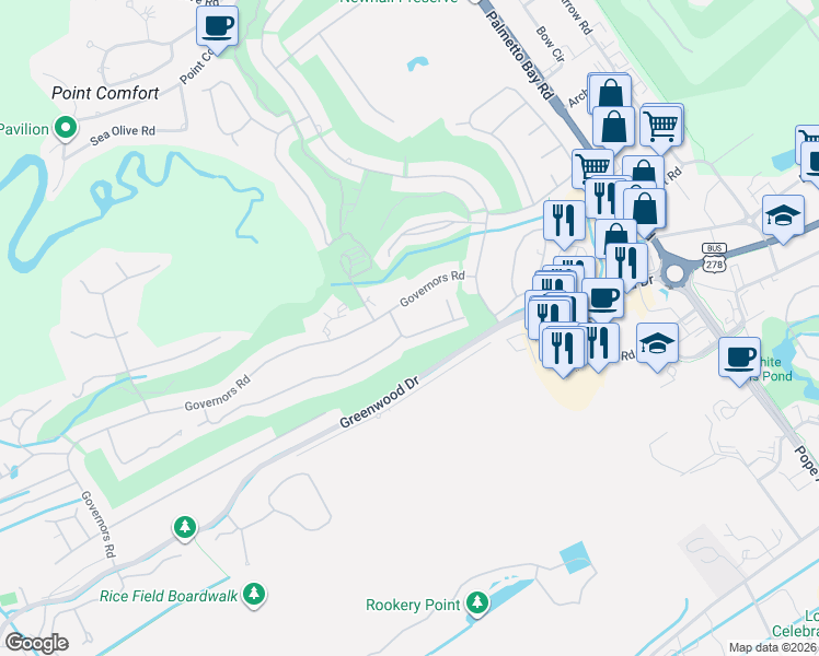 map of restaurants, bars, coffee shops, grocery stores, and more near 1 Wood Duck Road in Hilton Head Island