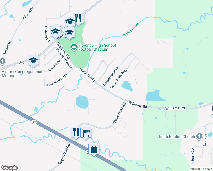 map of restaurants, bars, coffee shops, grocery stores, and more near Copper Ridge Ln in Florence