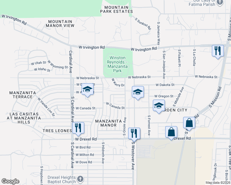 map of restaurants, bars, coffee shops, grocery stores, and more near 2610 West Oregon Street in Tucson