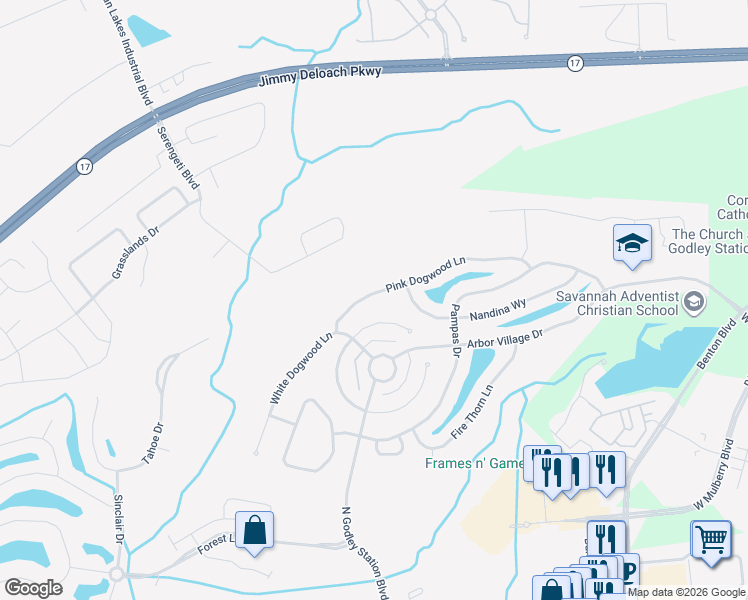 map of restaurants, bars, coffee shops, grocery stores, and more near 216 Pink Dogwood Lane in Pooler