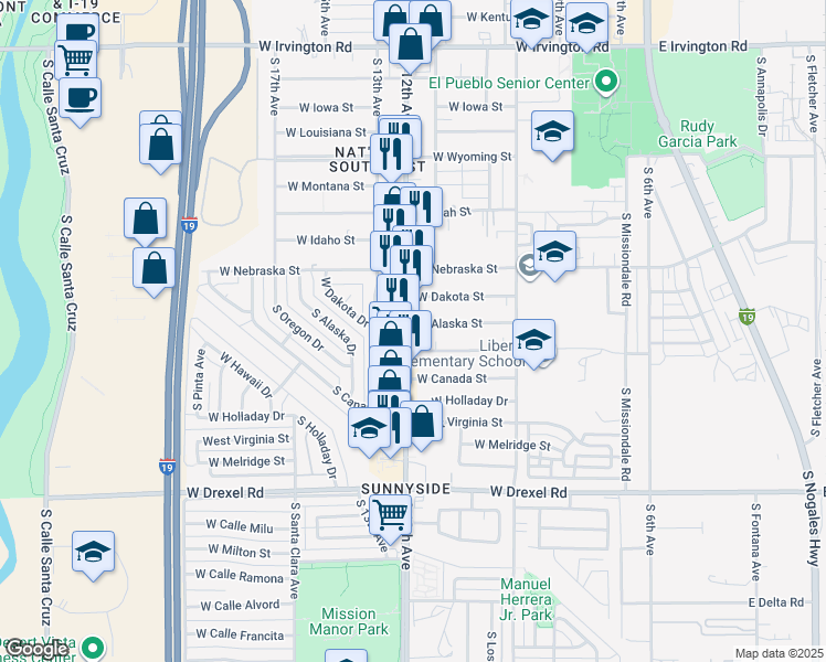 map of restaurants, bars, coffee shops, grocery stores, and more near 5411 South 12th Avenue in Tucson