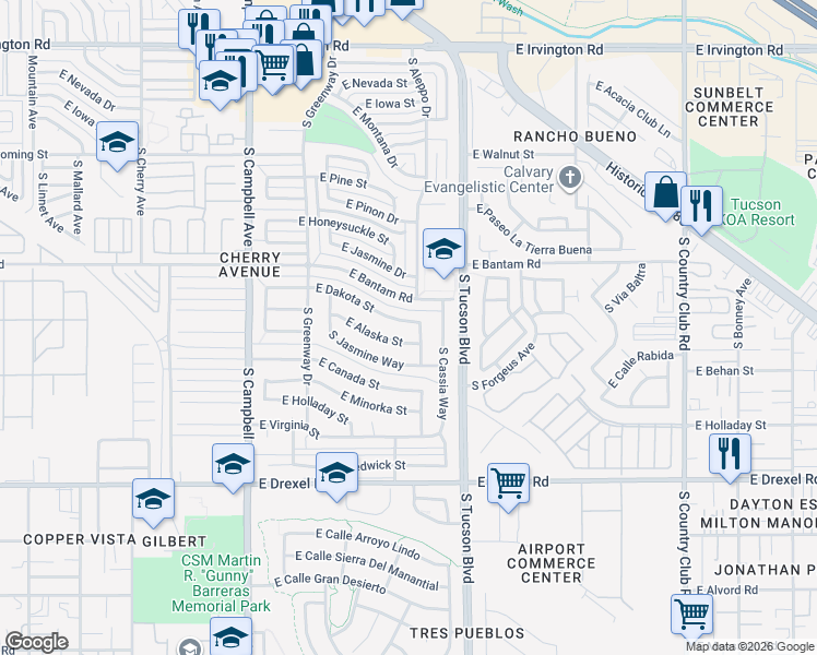 map of restaurants, bars, coffee shops, grocery stores, and more near 5360 South Aleppo Drive in Tucson