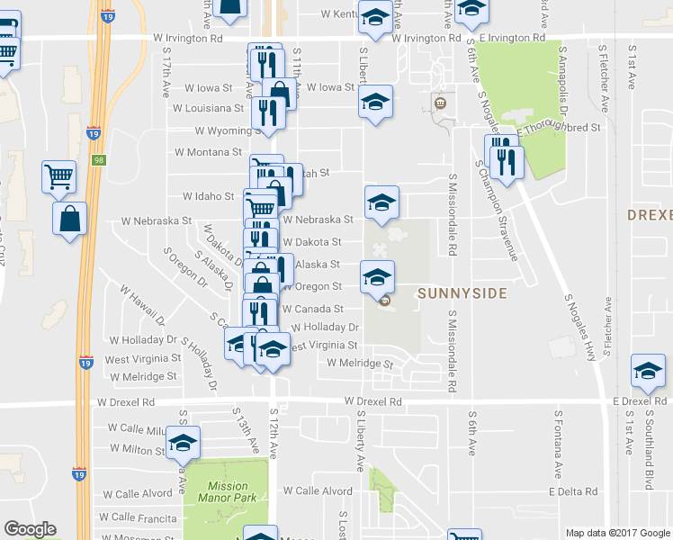 map of restaurants, bars, coffee shops, grocery stores, and more near 341 West Alaska Street in Tucson