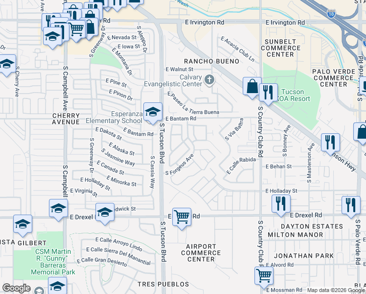 map of restaurants, bars, coffee shops, grocery stores, and more near 5429 South Royal Richmond Drive in Tucson