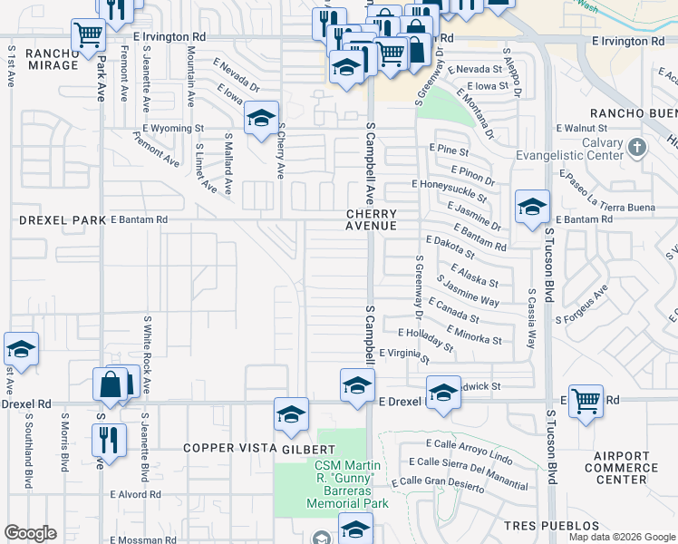 map of restaurants, bars, coffee shops, grocery stores, and more near 1741 East Oregon Street in Tucson