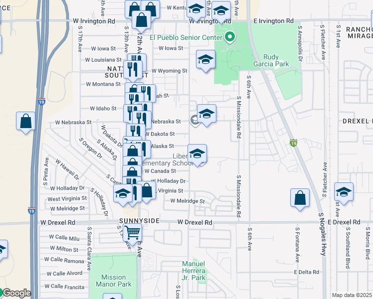 map of restaurants, bars, coffee shops, grocery stores, and more near 301 West Alaska Street in Tucson