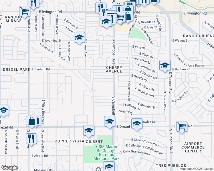 map of restaurants, bars, coffee shops, grocery stores, and more near 1741 East Oregon Street in Tucson