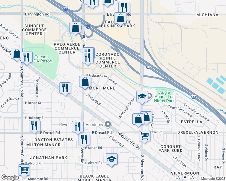 map of restaurants, bars, coffee shops, grocery stores, and more near 3708 East Dover Stravenue in Tucson