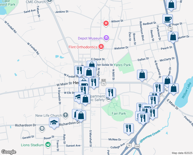 map of restaurants, bars, coffee shops, grocery stores, and more near 109 North High Street in Henderson