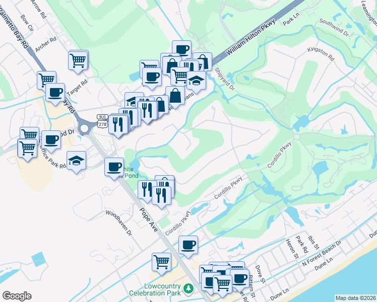 map of restaurants, bars, coffee shops, grocery stores, and more near 111 Golfmaster in Hilton Head Island