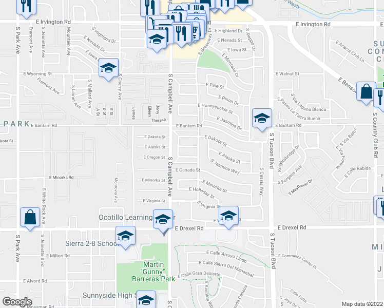 map of restaurants, bars, coffee shops, grocery stores, and more near 2001 East Oregon Street in Tucson