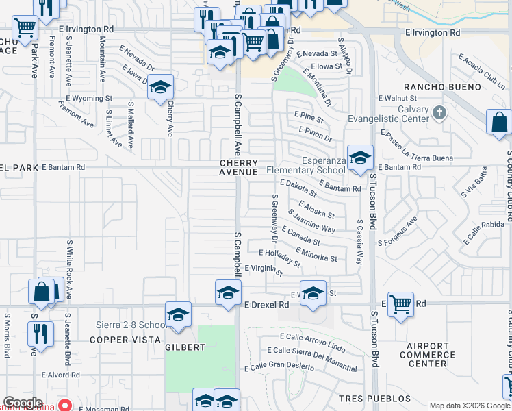 map of restaurants, bars, coffee shops, grocery stores, and more near 1917 East Oregon Street in Tucson