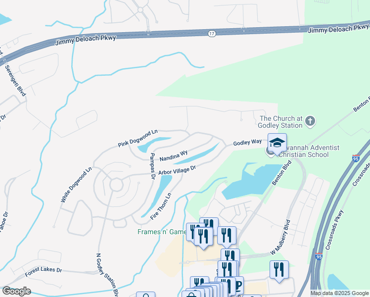 map of restaurants, bars, coffee shops, grocery stores, and more near 148 Nandina Way in Pooler