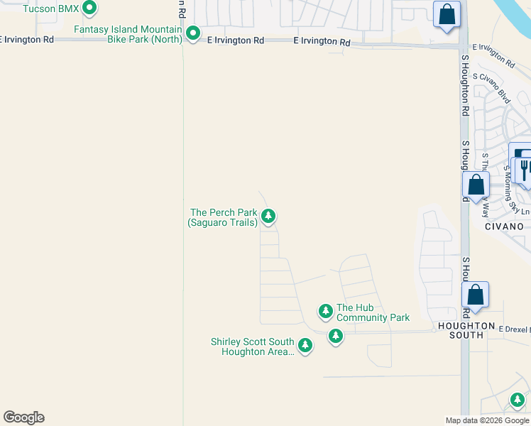 map of restaurants, bars, coffee shops, grocery stores, and more near Harrison Greenway in Tucson