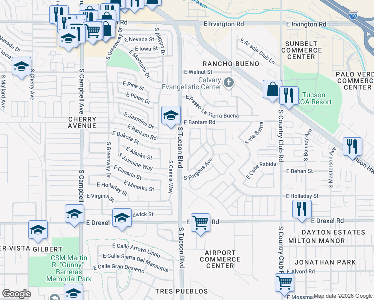 map of restaurants, bars, coffee shops, grocery stores, and more near 2571 Knightsbridge Drive in Tucson