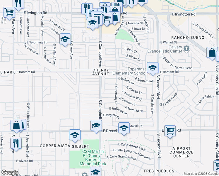 map of restaurants, bars, coffee shops, grocery stores, and more near 2001 East Oregon Street in Tucson