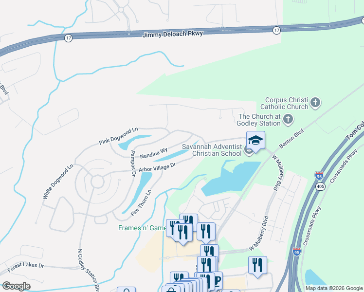 map of restaurants, bars, coffee shops, grocery stores, and more near 163 Nandina Way in Pooler