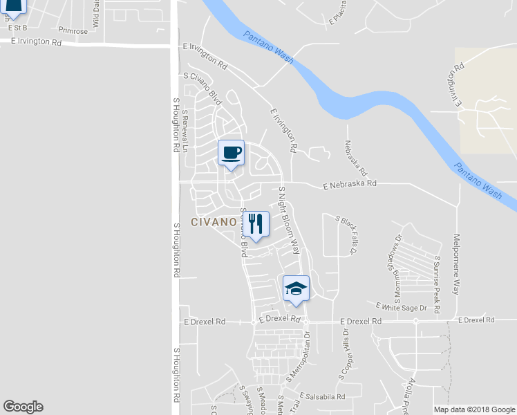 map of restaurants, bars, coffee shops, grocery stores, and more near 10541 East Eleanor Maldonado Place in Tucson