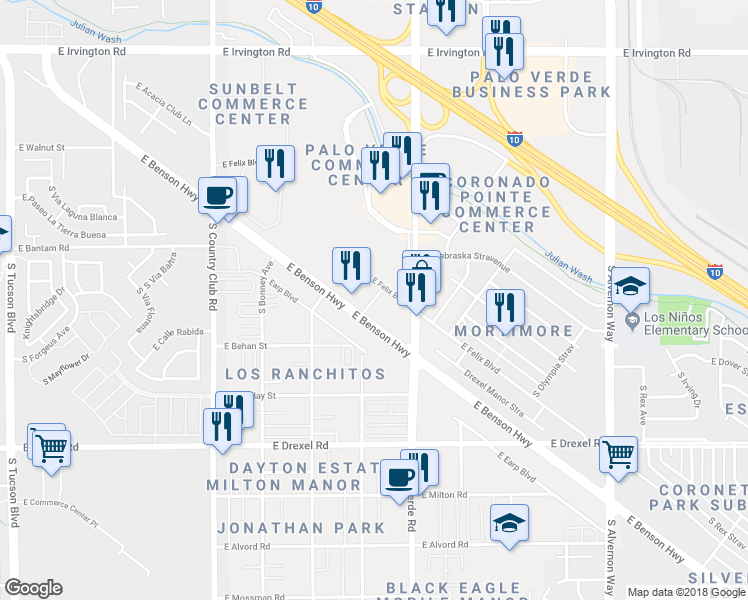 map of restaurants, bars, coffee shops, grocery stores, and more near 3427 East Benson Highway in Tucson
