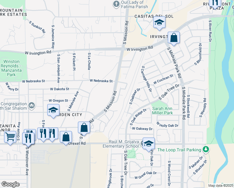 map of restaurants, bars, coffee shops, grocery stores, and more near 5388 South Via Tres Rios in Tucson