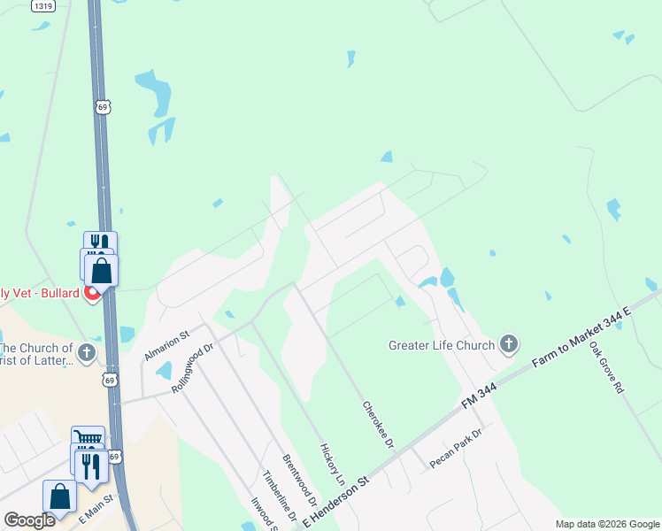 map of restaurants, bars, coffee shops, grocery stores, and more near 1495 Rollingwood Drive in Bullard