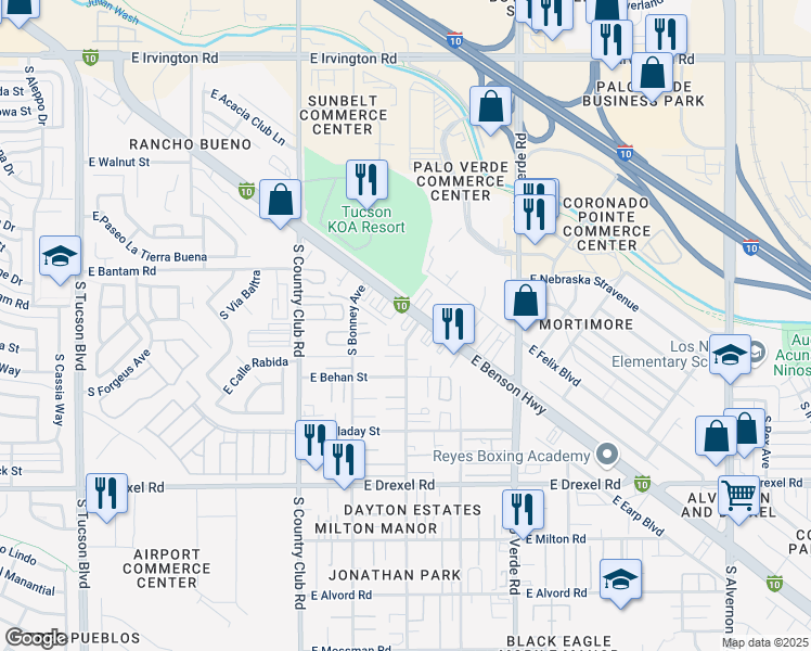 map of restaurants, bars, coffee shops, grocery stores, and more near 3264 East Benson Highway in Tucson