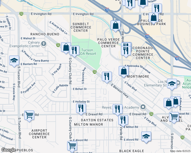 map of restaurants, bars, coffee shops, grocery stores, and more near 3264 East Benson Highway in Tucson