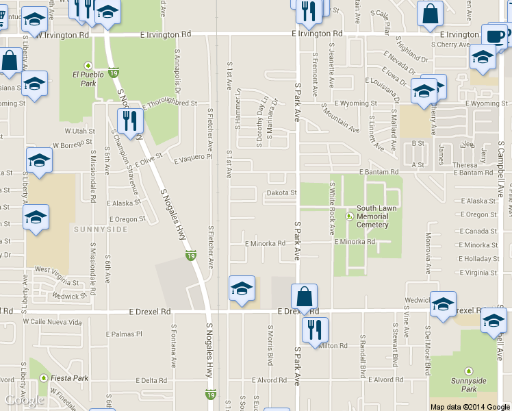 map of restaurants, bars, coffee shops, grocery stores, and more near 761 East Oregon Street in Tucson