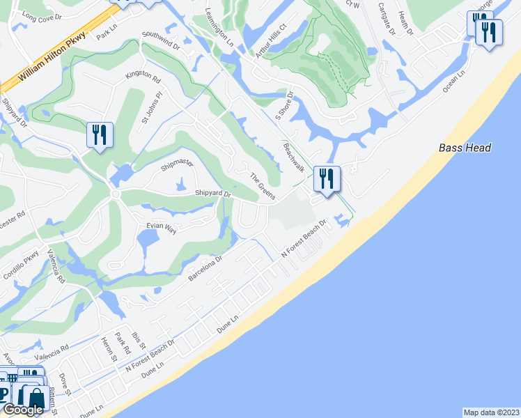 map of restaurants, bars, coffee shops, grocery stores, and more near 201 Tennismaster in Hilton Head Island