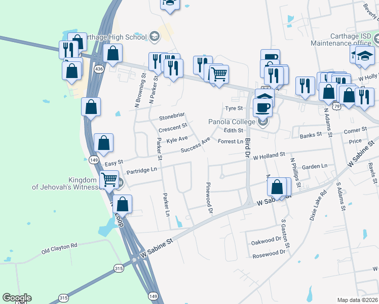 map of restaurants, bars, coffee shops, grocery stores, and more near 1207 Stonebriar in Carthage