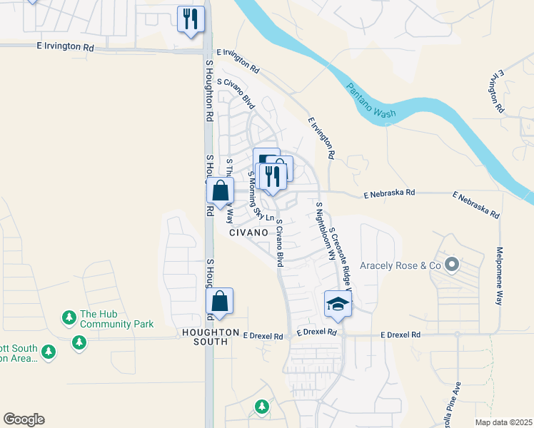 map of restaurants, bars, coffee shops, grocery stores, and more near 5358 South Morning Sky Lane in Tucson