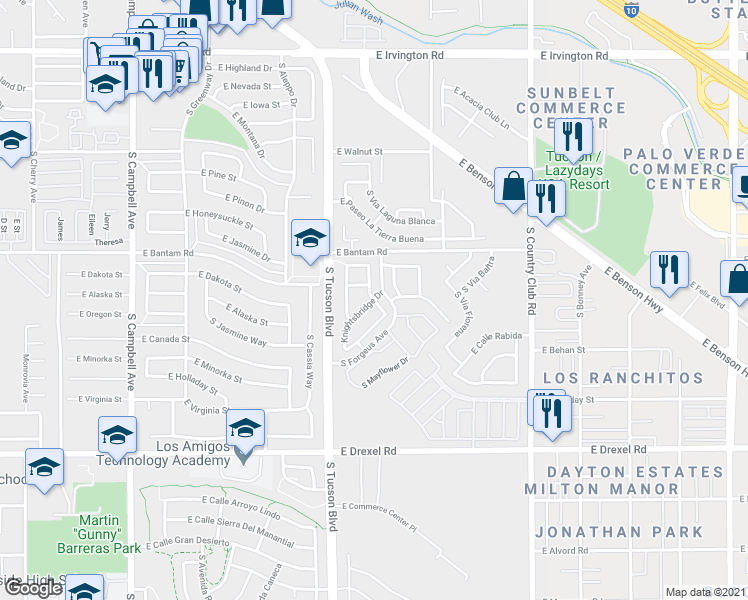 map of restaurants, bars, coffee shops, grocery stores, and more near E Knights Bridge Dr & S Royal Richmond Dr in Tucson