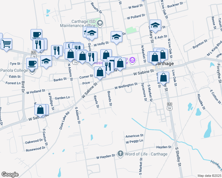 map of restaurants, bars, coffee shops, grocery stores, and more near 422 West Wellington Street in Carthage