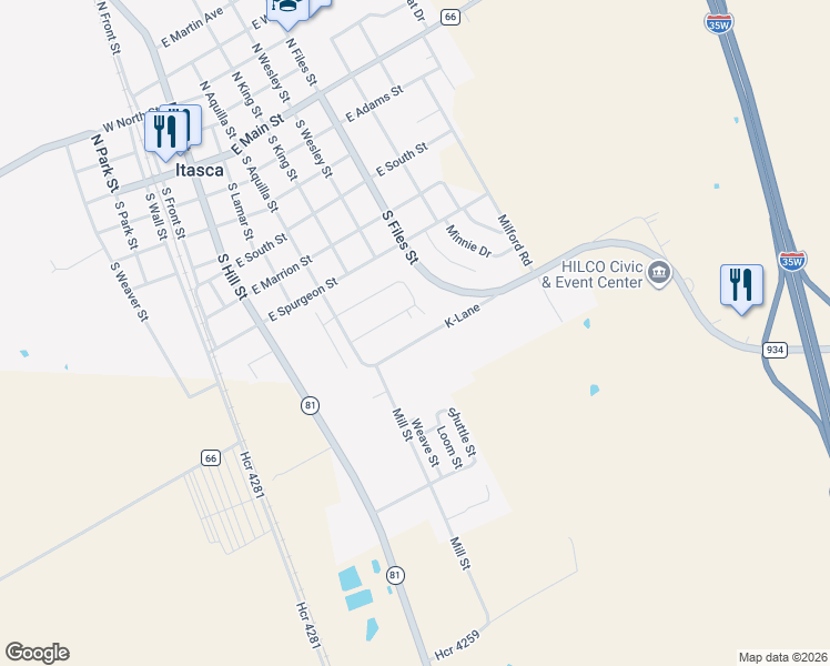 map of restaurants, bars, coffee shops, grocery stores, and more near 501 K-Lane in Itasca