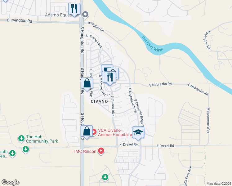 map of restaurants, bars, coffee shops, grocery stores, and more near 10541 East Eleanor Maldonado Place in Tucson