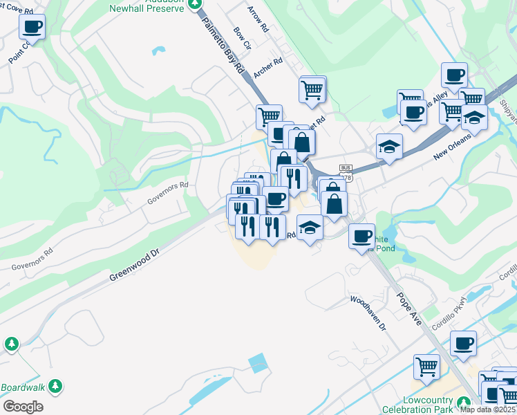 map of restaurants, bars, coffee shops, grocery stores, and more near 35 Office Park Road in Hilton Head Island