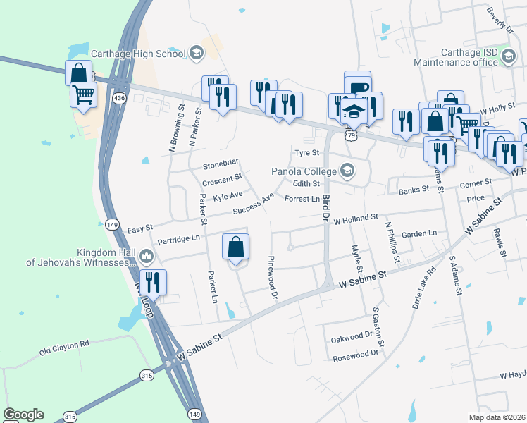 map of restaurants, bars, coffee shops, grocery stores, and more near 1207 Stonebriar in Carthage