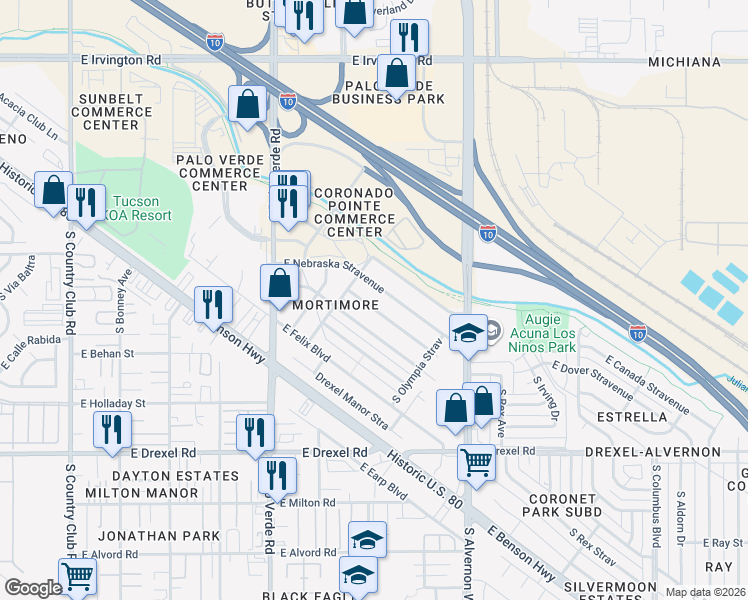 map of restaurants, bars, coffee shops, grocery stores, and more near 3713 East Dover Stravenue in Tucson