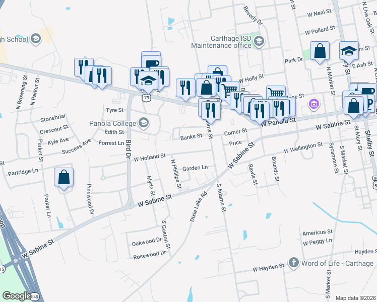 map of restaurants, bars, coffee shops, grocery stores, and more near in Carthage