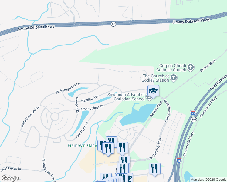 map of restaurants, bars, coffee shops, grocery stores, and more near 171 Nandina Way in Pooler