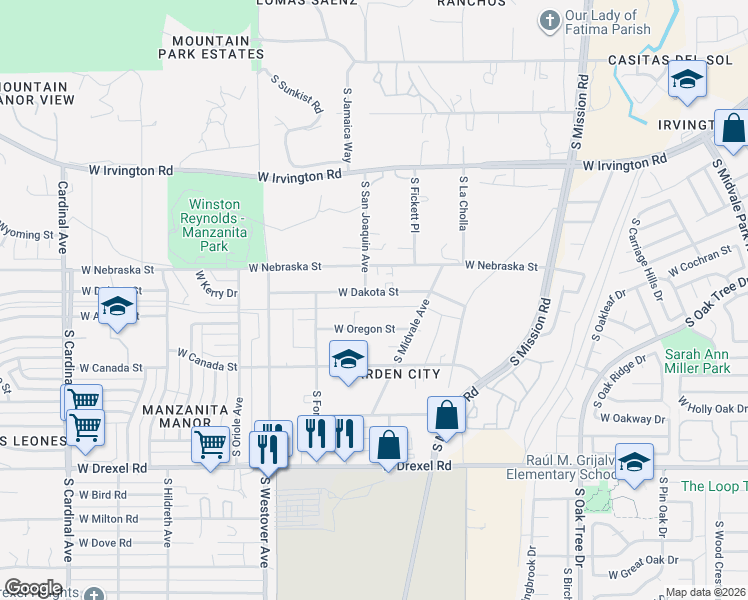 map of restaurants, bars, coffee shops, grocery stores, and more near 2240 West Oregon Street in Tucson